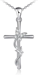 Butterfly Cross Necklace for Women 925 Sterling Silver Jewelry Pendant Gifts Her - Picture 1 of 6