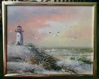Gordon Seascape Lighthouse PAINTING on Wood Nautical Swells 1960s 8x11