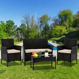 Patio Furniture Set 4 Pcs Wicker Patio Set Conversation Chairs Rattan Patio Sofa - Picture 1 of 8