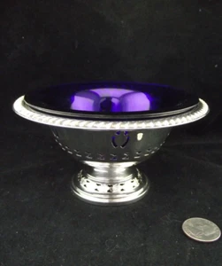 FANCY 6" PIERCED SILVER PLATED BOWL WITH COBALT BLUE GLASS  LINER  ENGLAND LION - Picture 1 of 11