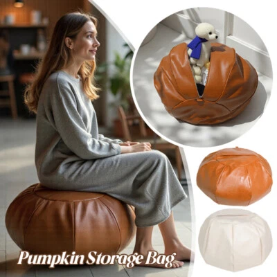 Pumpkin Moroccan PU Leather Footstool Pouffe Pouf Handmade Ottoman Home Storage - Image 1 of 4