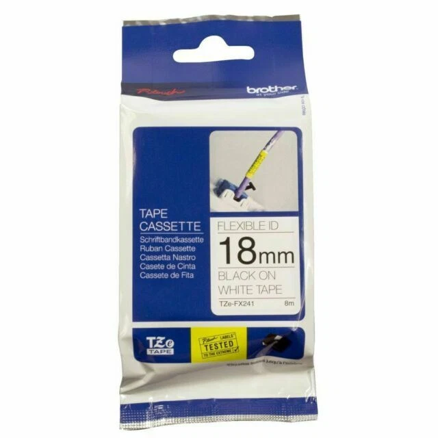 Brother TZe-FX241 18mm x 8m Black on White Flexible ID Tape