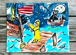 AMERICA vs PIRATE SHIP Jr CHARLIE FAST OUTSIDER POLITICAL FOLK POP ART SHARK USA - Picture 1 of 8