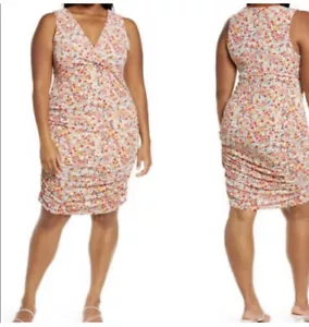 Leith Ruched dress Sz 3XL 3X Floral V Neck cocktail romantic Flirt Curvey retro - Picture 1 of 11