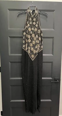 Vestido largo vintage Laurence Kazar Paris New York negro/dorado halter con cuentas XL Foto 1 de 4