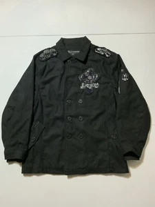 Vintage Y2K 2000s Brooklyn Xpress Skull Cross Cyber Grunge Military Pea Coat 2XL - Picture 1 of 14