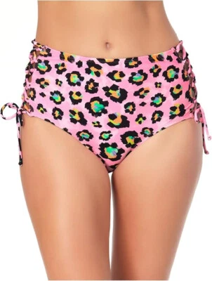 California Waves Animal Print Lined Cinched Sides Swim Bikini Bottom, Pink, Sz L - Image 1 of 3