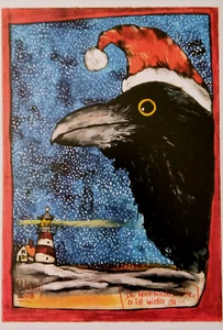 Cartolina Art Mail Faro Invernale Natale Uccellino Corvo Calza Cappello Mare - Foto 1 di 1