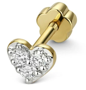 9CT HALLMARKED YELLOW GOLD G/H SI GENUINE DIAMOND PAVE SET HEART CARTILAGE STUD - Picture 1 of 5