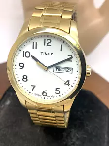 Timex Reloj Hombre T2N064 Cuarzo Esfera Blanca Día Fecha Indiglo Oro Banda de Expansión - Imagen 1 de 14