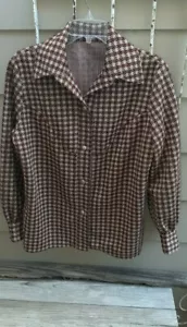 Vintage 70s Womens Shirt /jacket Houndstooth in wine, brown ,camel L/XL ? - Picture 1 of 11