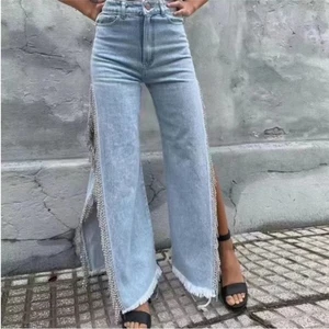 NEU helle Waschung Stretch Denim Strass Kristall Fransen Quaste Split Leg Jeans L - Bild 1 von 14