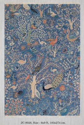 Alfombra Personalizada de Lana Hilada a Mano Hecha a Mano Escena Jardín Pájaros Pavo Real Azul Alta Calidad Foto 1 de 4