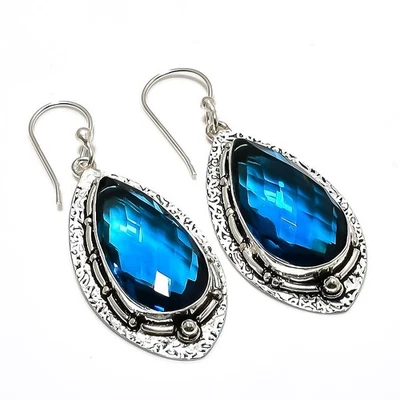 London Blue Topaz Gemstone 925 Sterling Silver Jewelry Earring 2.36" H807 - Image 1 of 2
