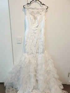 White satin applique organza ruffled wedding dress size 10 - Picture 1 of 12