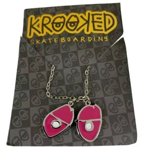 Krooked Eyes Skateboard Pendant mens unisex Necklace Silver/Pink NWT