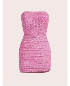 L BARBIE PINK PROM SHINY SEQUINS SEXY DATE SLIMMING RUCHED TUBE PARTY MINI DRESS - Picture 1 of 10