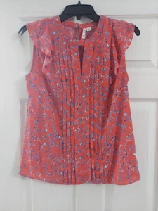 Elle Womens Short Sleeve Blouse Size XS Pink With Blue Floral - Picture 1 of 3