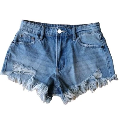 Rue21 corto mujer 6 azul denim tiro medio desgastado corte 28X3 vacaciones Foto 1 de 4