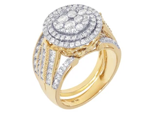 Round Cluster Double Halo 1 9/10 CT Real Diamond Bridal Rings Set 15MM 14K Ye... - Picture 1 of 7