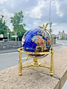 VINTAGE BLUE SEMI PRECIOUS STONE GEMSTONE GLOBE BRASS BASE 7.5" DESK PAPERWEIGHT - Picture 1 of 8