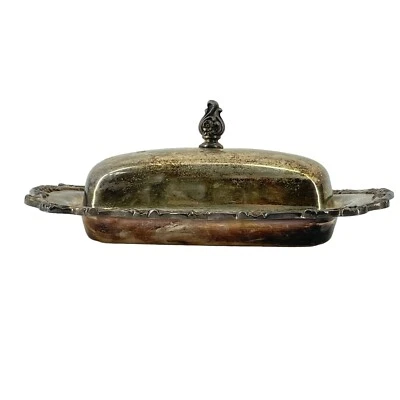 Plato de mantequilla vintage WM Rogers plateado con tapa borde floral ornamentado rectangular Foto 1 de 4