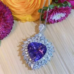 2 Ct Trillion Cut Blue Tanzanite Simulated Halo Pendant In 10K Solid White Gold - Picture 1 of 3