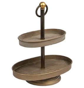 DECORATIVE ZINC TWO TIER SERVING DESSERT OVAL SERVER STAND TRAY 19"H NEW - Picture 1 of 10