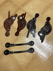 3 Sets of leather Cowboy Boot Spur Straps 2 New 1 Used Fancy Dark & Light Brown - Picture 1 of 8
