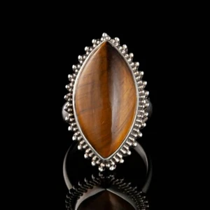 925 Sterling Silver Tiger's Eye Marquise Gemstone Ring Boho Ring Gift For Sister - Picture 1 of 7