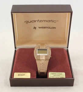 Vtg Men's 70s NOS Gold Tone Quartzmatic Solid State Digital Watch In Box 1970s - Picture 1 of 19