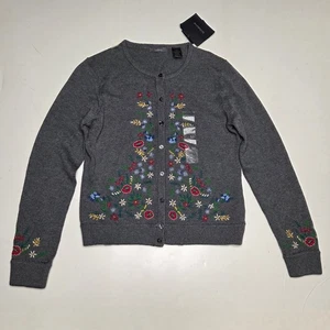Cardigan medio Liz Claiborne nuovo con etichetta maglione ricamato floreale cottage - Foto 1 di 9