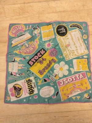 Vintage Novelty Alcohol Brands Handkerchief/ Scarf, 10 inches by 10 1/2 inches  - Image 1 of 4
