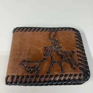 VTG Handmade Tooled Stitched Leather Cowboy Rodeo Wallet Billfold - Picture 1 of 4