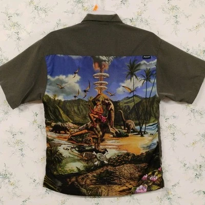Vintage Rietveld Shirt Dinosaur Jurassic Volcano Island Girl Hawaiian  - Image 1 of 4