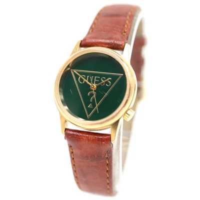 Vintage 1993 Guess Watch 25mm Green Gold Tone Brown Leather Strap w New Battery - Image 1 of 4