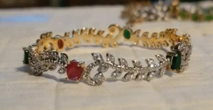 Goldtone & Silvertone Leaf Vine Bangle Bracelet W Red & Green Rhinestones - Picture 1 of 8