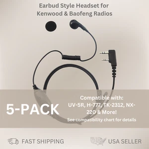 5x Single Earbud PTT Headset for Kenwood & Baofeng Radios KPG-87D, UV-5R, H-777 - Picture 1 of 13