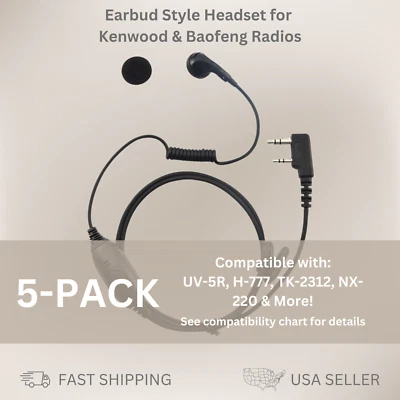 5x Single Earbud PTT Headset for Kenwood & Baofeng Radios KPG-87D, UV-5R, H-777 - Image 1 of 4