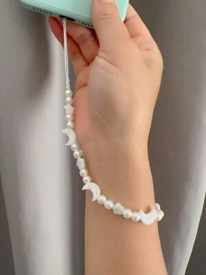 Correa de muñeca de teléfono con cuentas de perlas y luna marina natural, idea de regalo Foto 1 de 2