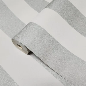 Striped gray silver off white stripes lines faux fabric light textured wallpaper - Picture 1 of 13