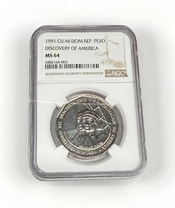 1991 DOMINICAN REPUBLIC 1 PESO. 5TH CENTURY OF DISCOVERY OF AMERICA. NGC MS 64. - Picture 1 of 4