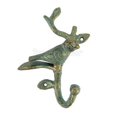 Bird Tree Wall Hook Key Towel Coat Hanger Cast Iron Gold Green Patina Finish  - Image 1 of 2