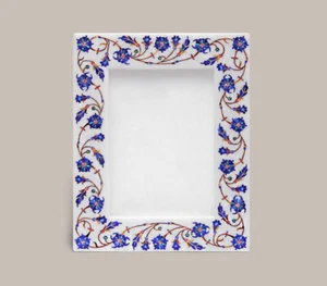 Cornice portafoto antica marmo bianco 9"x6" lapislazzuli fine intarsio arte floreale regalo casa - Foto 1 di 7