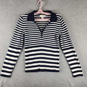 Jones New York Sport Women Popover Sweater Blue White Striped Knit Buttons EUC - Picture 1 of 15