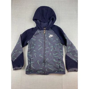 Little Kids Nike Full Zip Hooded Jacket sz 6 5-6 Yrs Navy Sherpa All Over Swoosh - Picture 1 of 7