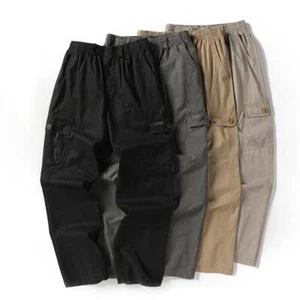 Men's Pants Large Casual Men Elastic Waist Multi Pocket Long Baggy Loose Straigh - Picture 1 of 16
