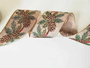 5 yards 2.5" wide Pinecones w/Pine & Holly Leaves Wired-Edged Kirkland Ribbon - Picture 1 of 3