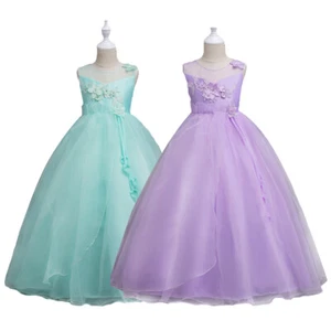 Kids Flower Girls Long Party Dress Tulle Bridesmaid Princess Pageant Prom Gown - Picture 1 of 30