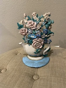 CAST IRON TEAPOT FLOWERS DOORSTOP BOOKEND MIDWEST IMPORTERS 7.5"X5.75" - Picture 1 of 5